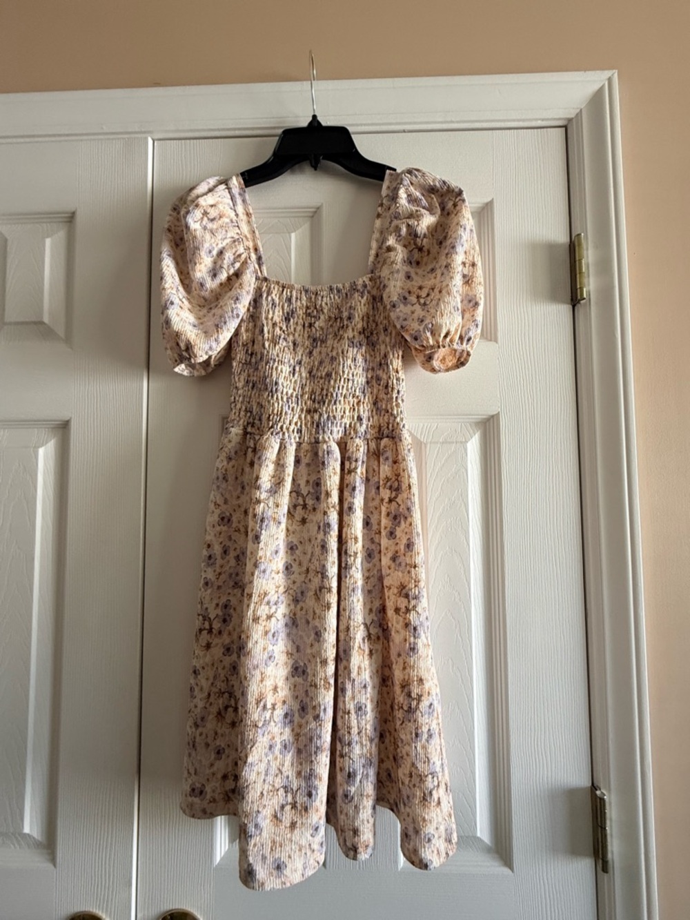 H&M Cream and Lavender Smocked Floral Midi Dress
